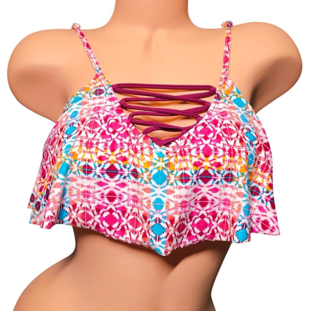 Hula Honey NWT Wine Multi Strappy Flounce Bralette Bikini Top L Lace Up Festival